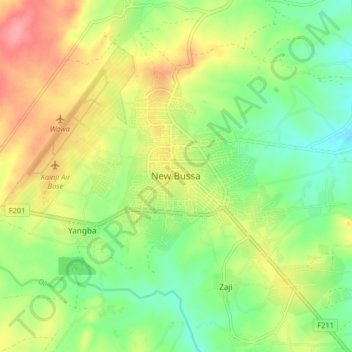 New Bussa topographic map, elevation, terrain