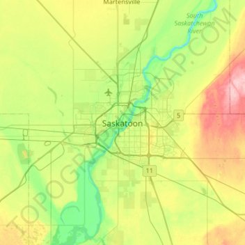 Saskatoon topographic map, elevation, terrain