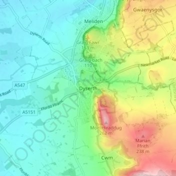 Dyserth topographic map, elevation, terrain