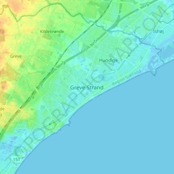 Greve Strand topographic map, elevation, terrain