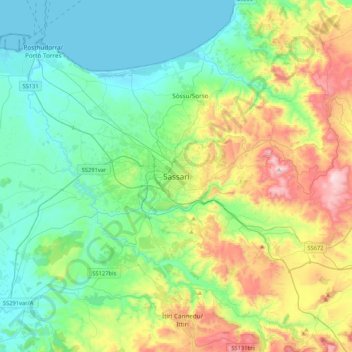 Sassari topographic map, elevation, terrain