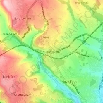 Hipperholme topographic map, elevation, terrain