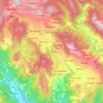 Bhimtal topographic map, elevation, terrain