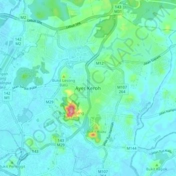 Ayer Keroh topographic map, elevation, terrain