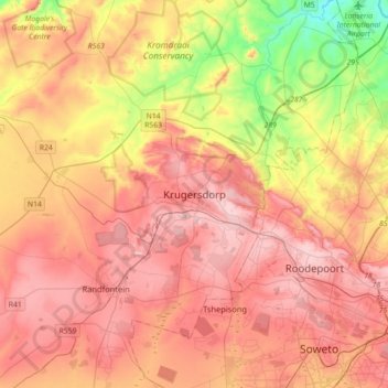 Krugersdorp topographic map, elevation, terrain