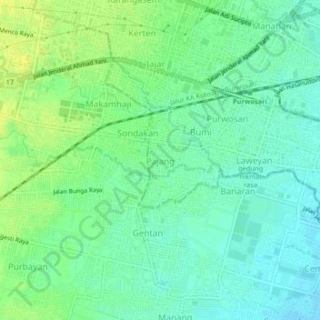 Pajang topographic map, elevation, terrain