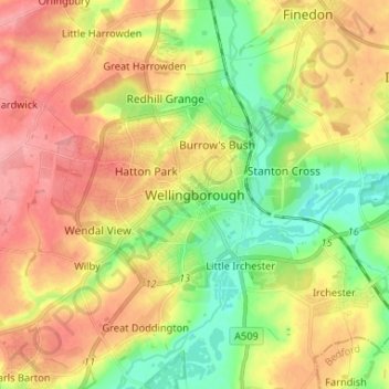 Wellingborough topographic map, elevation, terrain
