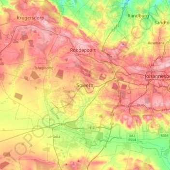 Soweto topographic map, elevation, terrain