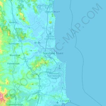 Sunshine Coast topographic map, elevation, terrain
