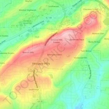 Biltmore Estates topographic map, elevation, terrain
