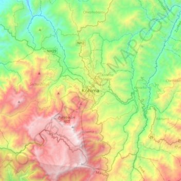 Kohima topographic map, elevation, terrain