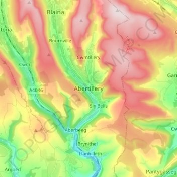 Abertillery topographic map, elevation, terrain