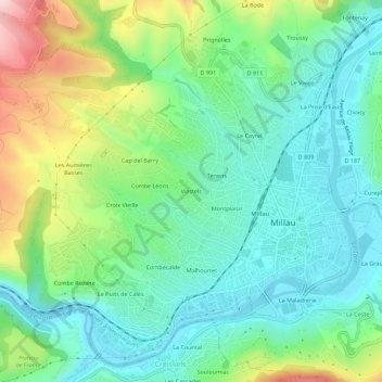 Viastels topographic map, elevation, terrain