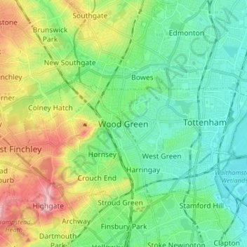 Wood Green topographic map, elevation, terrain