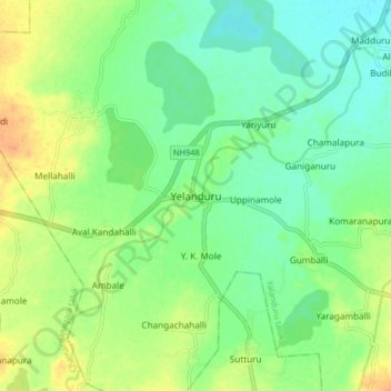 Yelanduru topographic map, elevation, terrain