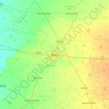 Moga topographic map, elevation, terrain