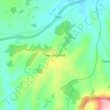 Pen-y-clawdd topographic map, elevation, terrain