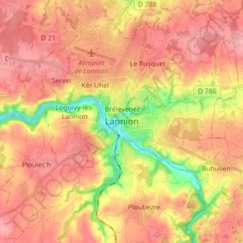Lannion topographic map, elevation, terrain