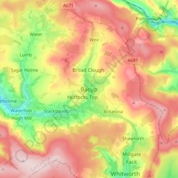 Bacup topographic map, elevation, terrain