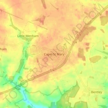 Capel St Mary topographic map, elevation, terrain
