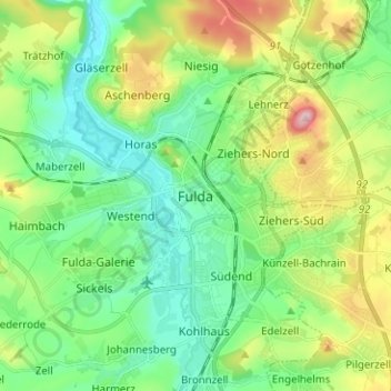 Fulda topographic map, elevation, terrain