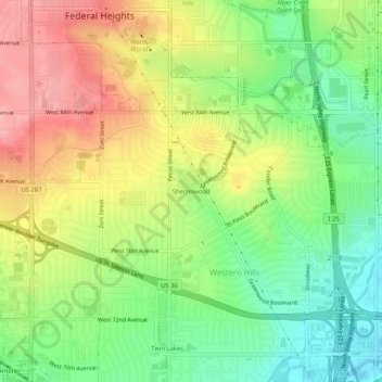 Sherrelwood topographic map, elevation, terrain