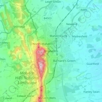Malvern topographic map, elevation, terrain