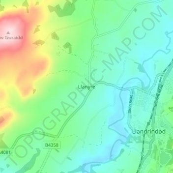 Llanyre topographic map, elevation, terrain