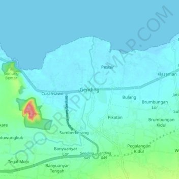Gending topographic map, elevation, terrain