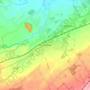 West Calder topographic map, elevation, terrain