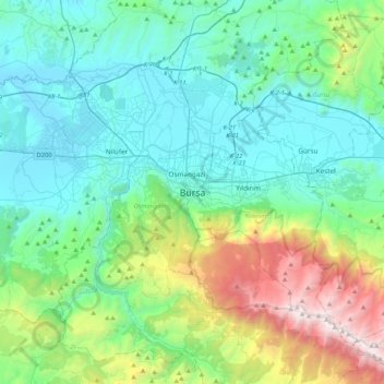 Bursa topographic map, elevation, terrain