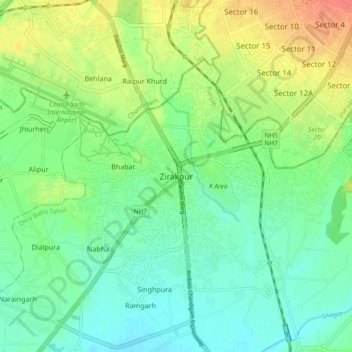 Zirakpur topographic map, elevation, terrain