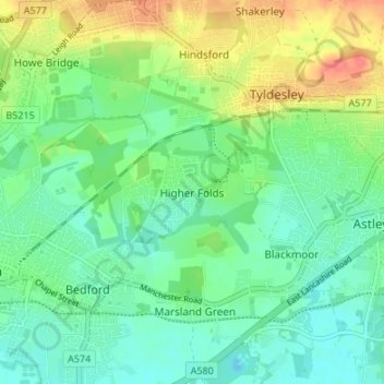 Higher Folds topographic map, elevation, terrain