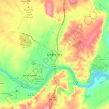 Marble Falls topographic map, elevation, terrain
