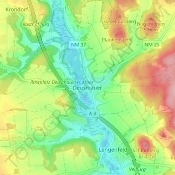 Deusmauer topographic map, elevation, terrain