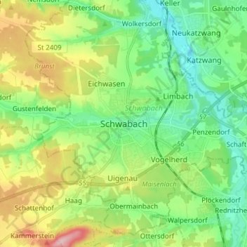 Schwabach topographic map, elevation, terrain