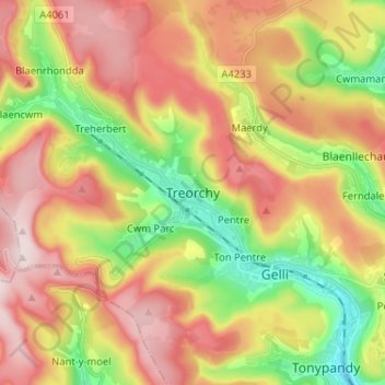 Treorchy topographic map, elevation, terrain