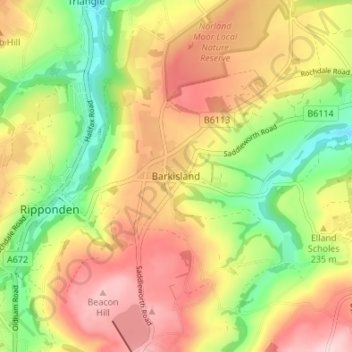 Barkisland topographic map, elevation, terrain