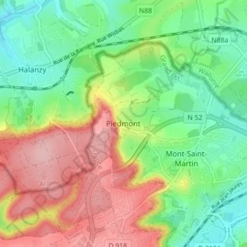 Piedmont topographic map, elevation, terrain