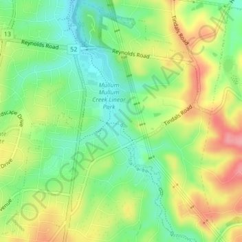 Mullum-mullum topographic map, elevation, terrain