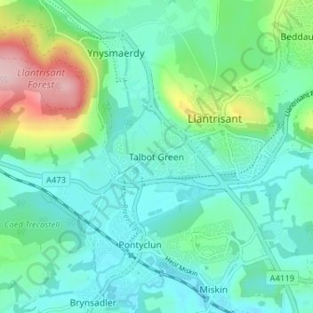 Talbot Green topographic map, elevation, terrain