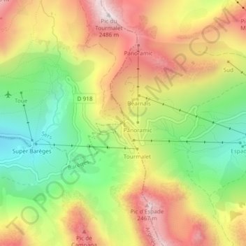 Col du Tourmalet topographic map, elevation, terrain