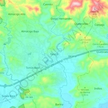 Yauco topographic map, elevation, terrain