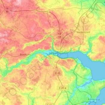 Vejle topographic map, elevation, terrain