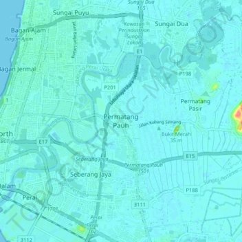 Permatang Pauh topographic map, elevation, terrain