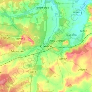 Ollerton topographic map, elevation, terrain
