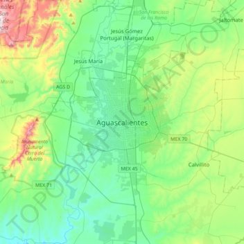 Aguascalientes City topographic map, elevation, terrain