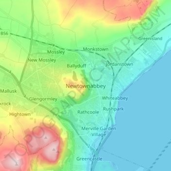Newtownabbey topographic map, elevation, terrain