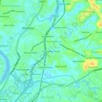 Hunupitiya South topographic map, elevation, terrain