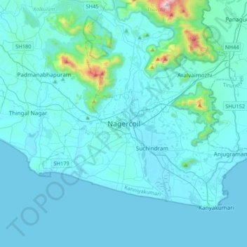 Nagercoil topographic map, elevation, terrain